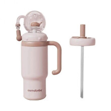 (Lotus Root Color) Creative Gift Double Drinking Lid Whale Fountain Tumbler Leak Proof Widened Handle Whale Cup 710ml Insulated Water Bottle