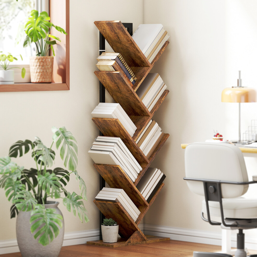 Homcom (M) Tree Bookshelf With Steel Frame For Living Room, Rustic Brown