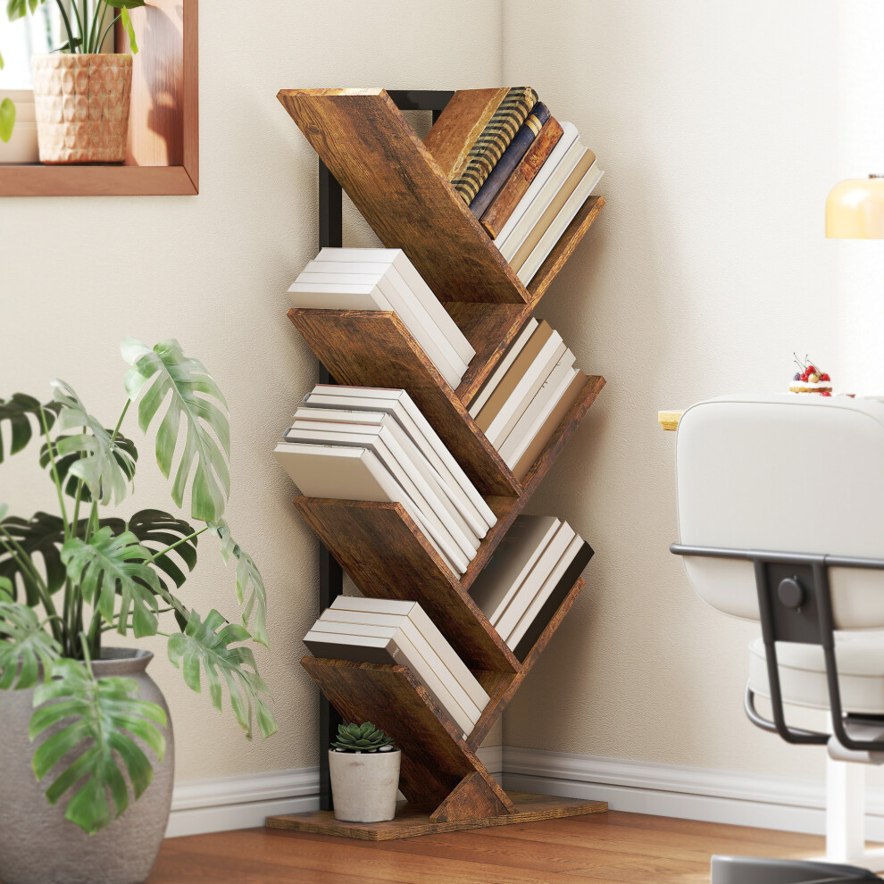 HOMCOM Tree Bookshelf with Steel Frame for Living Room, Rustic Brown - Image 3