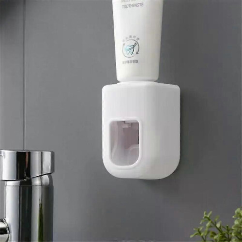 (White)Automatic Toothpaste Dispenser Dust-Proof Toothbrush Holder Wall Mount Stand Bathroom Accessories Set Toothpaste Squeezer 2