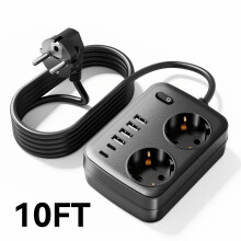 1 ks. Kompaktná európska napájacia zásuvka s 5 stopovým káblom – duálne striedavé zásuvky, 4 porty USB,