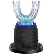 (Black) U Shape Sonic Electric Toothbrush 360 Degree Mouth Cleansing Automatic Silicone Toothbrush Cold Blue Light Teeth Whitening Brush