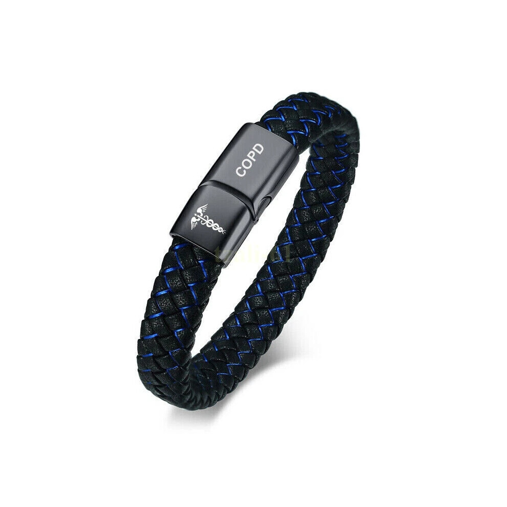 (COPD, 9 inch) Custom Engraving Medical Alert ID Leather Bracelet Men Braided Stainless Steel New-image-OPC-PHMSJBR-NEW