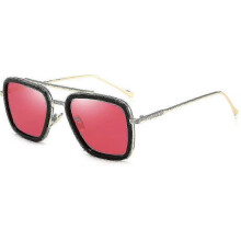 (Gold Frame-Rose Red Lens) Vintage Aviator Square Sunglasses For Men Gold Frame Retro Brand Classic Tony Stark Sunglasses High Quality