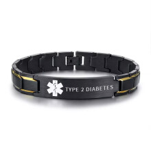 (Black&Gold, TYPE 2 DIABETES) Men Medical Alert ID Bracelet Stainless Steel Emergency Chain Free Laser Engrave