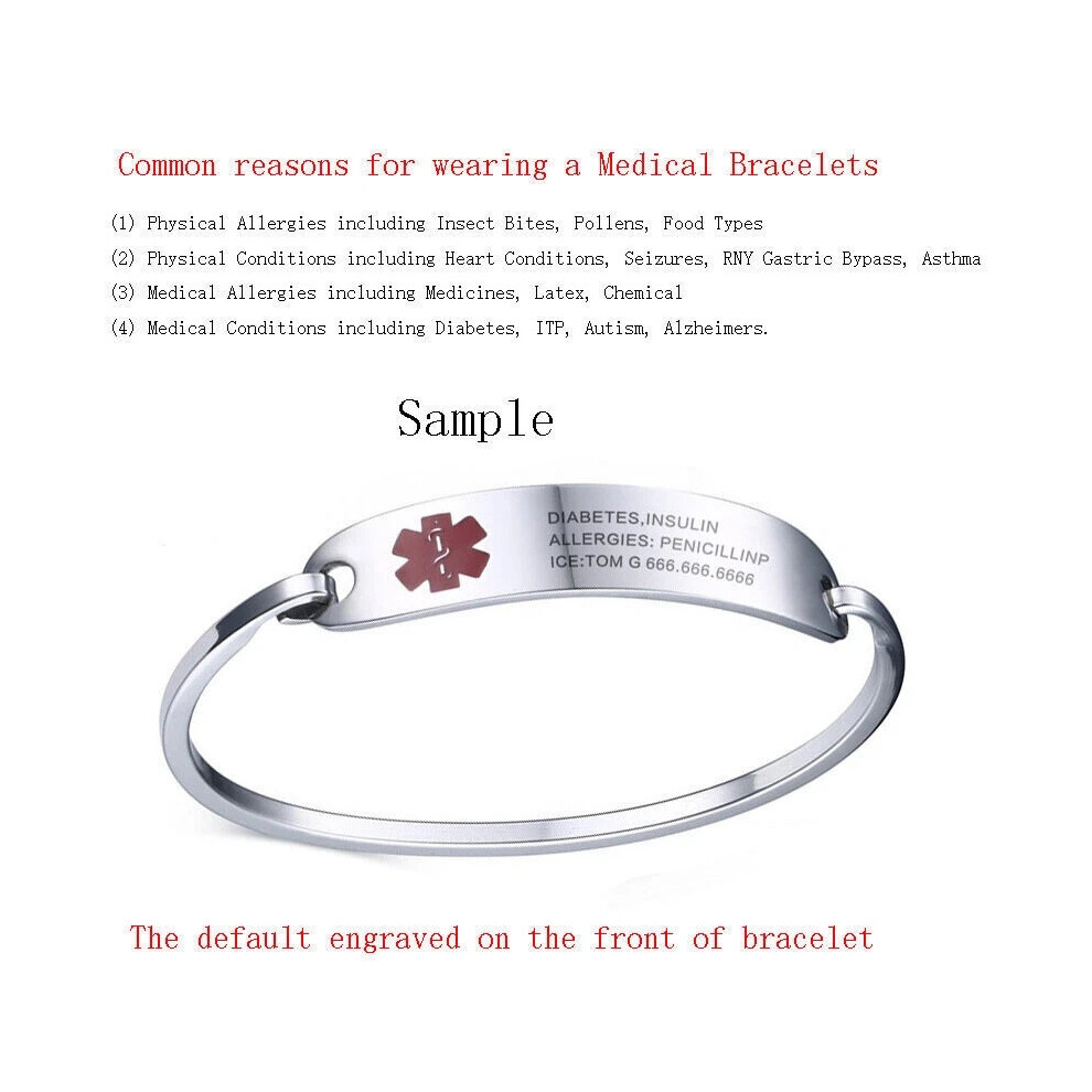 (BLOOD THINNER) Silver Adult Women Stainless Steel Medical Alert ID Bracelet Bangle Engraving New