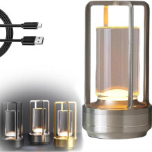 Crystal Lantern Table Lamp, Cordless Table Lamp, Portable LED Desk Lamp, 3 Colors Stepless Dimming, Table Lamp for Home and OutdoorSilver
