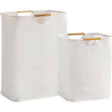 Set of 2 Beige Laundry Basket, Large Capacity Foldable Oxford Fabric Laundry Basket with Wooden Handle, Foldable Fabric Storage Basket for Storing Clo