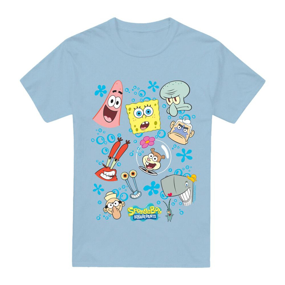(S, Light Blue) SpongeBob SquarePants Mens Character Faces T-Shirt