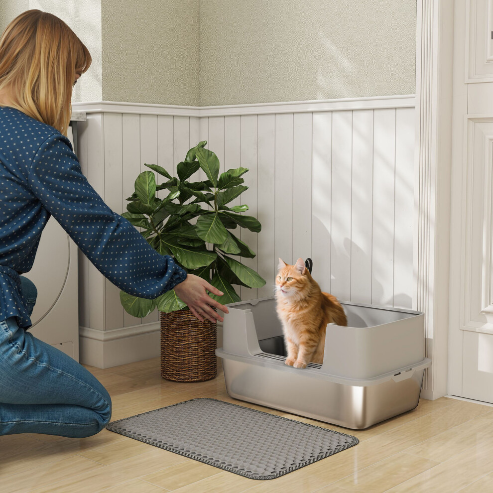 Pawhut Stainless Steel Litter Box With Scoop, High Sided Cat Litter Tray