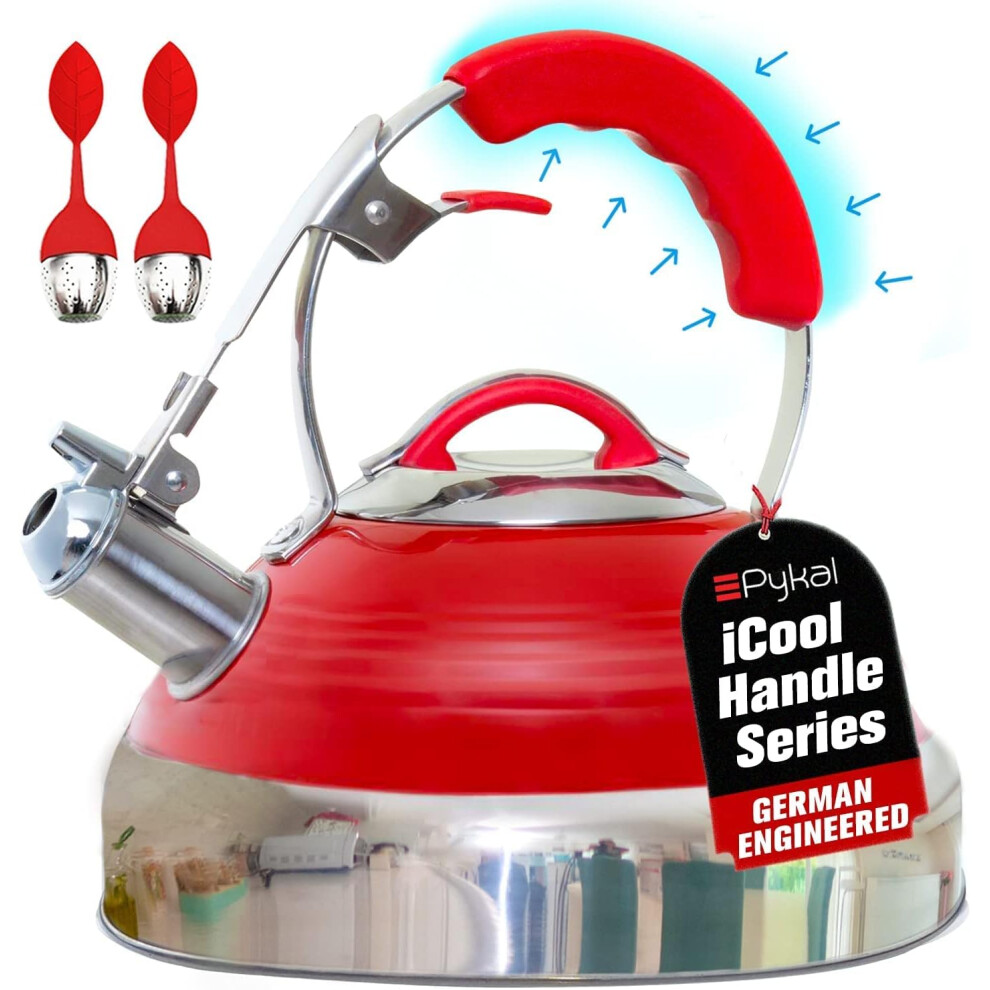 Pykal 2.7L Whistling Stovetop Tea Kettle Stainless + 2 Premium Tea Infusers Red