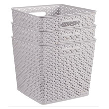 Curver My Style Rattan Effect Set of 3 Kitchen, Living room, Bathroom, Bedroom, Utility Square Storage Baskets 25 Litres - Light Grey