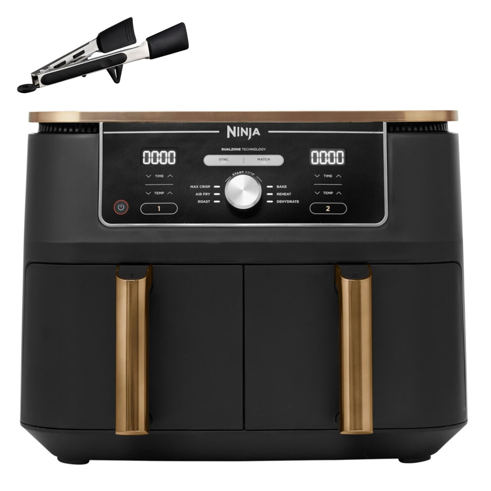 Ninja Foodi MAX Dual Zone Air Fryer, Amazon Exclusive, Tongs, 2 Drawers, 9.5L, 6-in-1, Use No Oil, Air Fry, Max Crisp, Roast, Bake, 8 Portions, Nonst