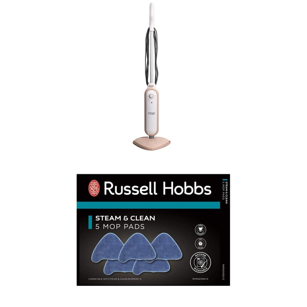 Russell Hobbs Steam & Clean Upright Steam Mop in Blush Pink, 1.4kW 380ml Water Tank, 8m Cord RHSM1001BP-G + Replacement Steam Mop Pads for RHSM1001-G