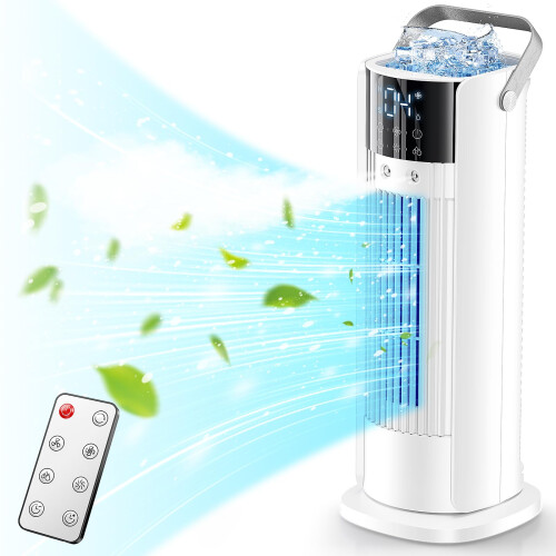 Portable Air Conditioner 5-in-1 Evaporative Air Cooler & Remote Control,90 Tower Fan,4 Fan Speeds,Automatic Oscillation,10 Hour Timer and Sleep,Humi