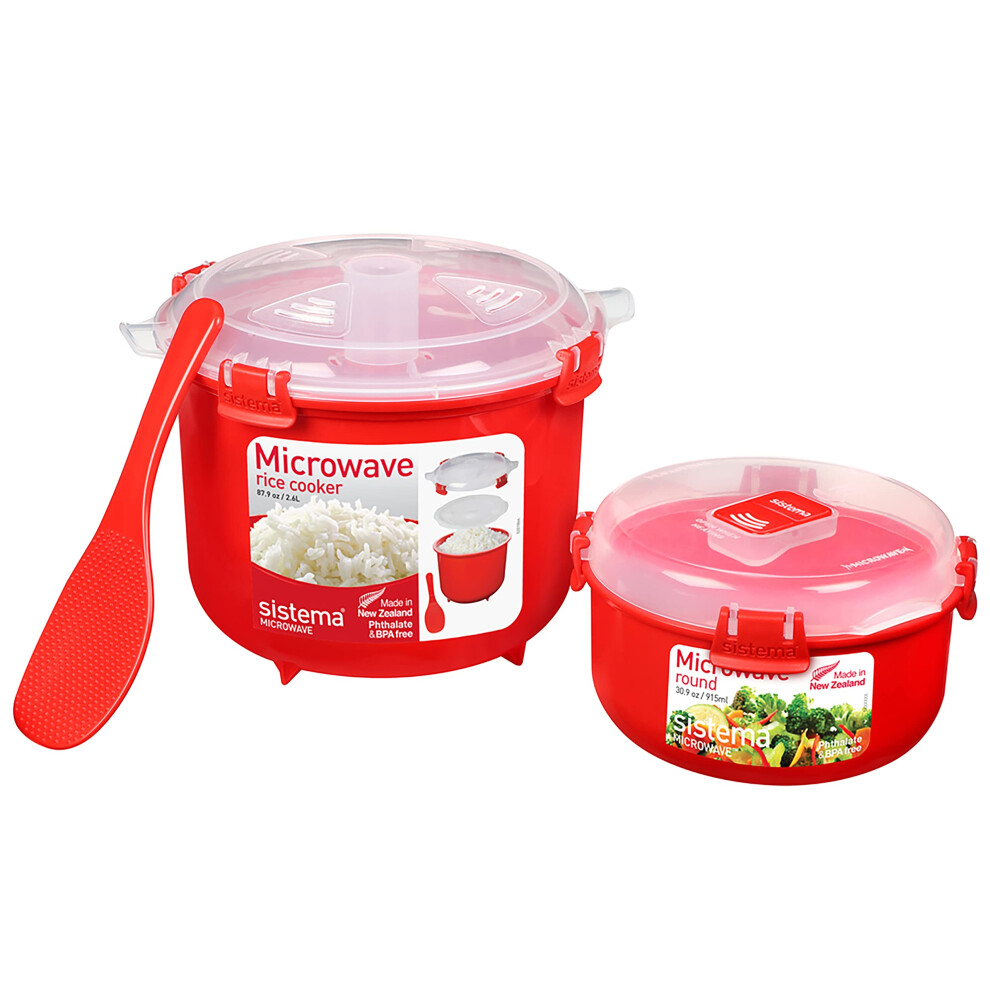 Sistema Microwave Rice Cooker & Round Microwave Food Container Set | 2.6L, 915ml | Food Containers with Steam-Release Vents | BPA-Free | 2 Count