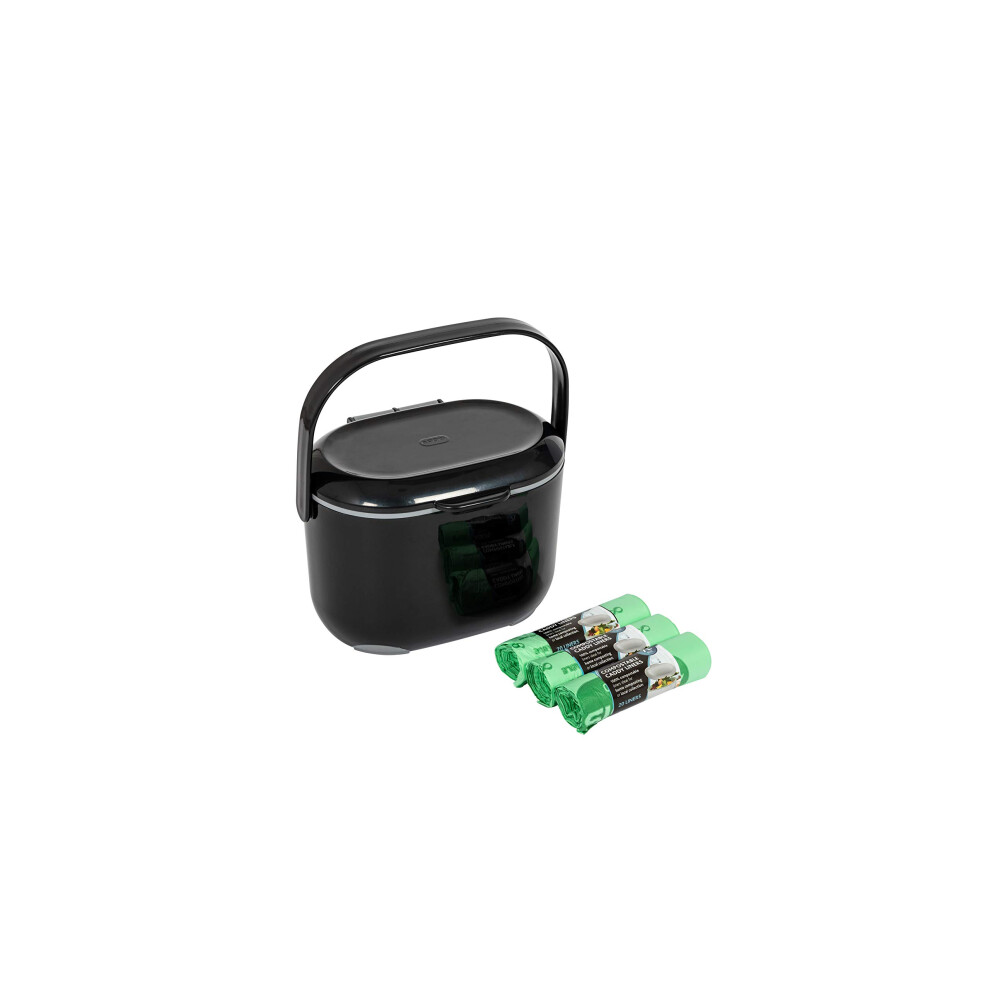 Addis Premium Kitchen Food Caddy Bin, Black Grey, with 60 x 100% Compost Bags (3 Rolls of 20 liners), Single