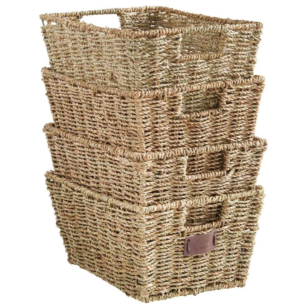 VonHaus Seagrass Storage Baskets, Set of 4 Hand-Woven Display Hampers - Bathroom Storage Baskets for Shelves - Nesting Natural Woven Seagrass Organis