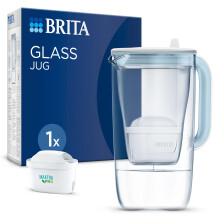 BRITA Glass Water Filter Jug Light Blue (2.5L) with 1x MAXTRA PRO All-in-1 Water Filter Cartridge - Premium Glass Design jug with easy-filling Flip-L