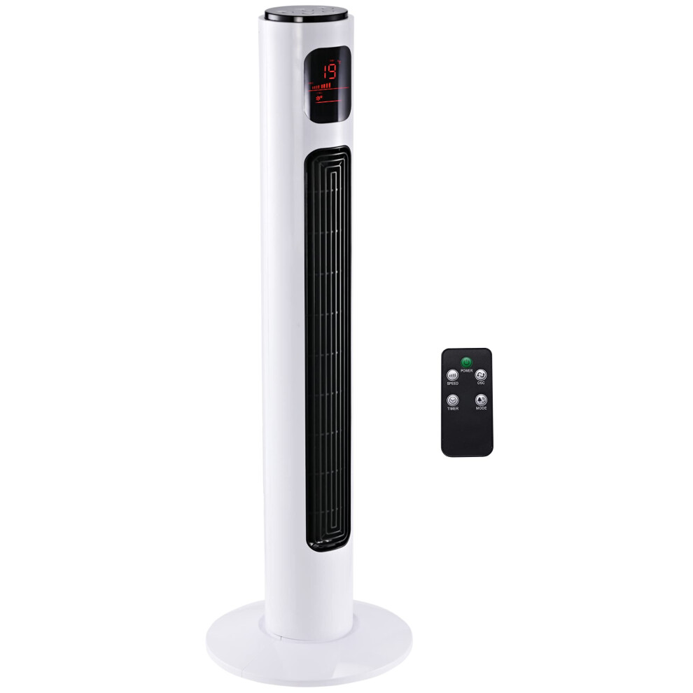 Homcom 38'' Freestanding Tower Fan, 3 Speed 3 Mode, 12H Timer, 70 Degree Oscillation, Led Panel, 5M Remote Controller, White