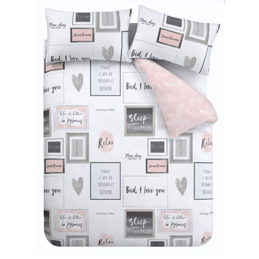 Catherine Lansfield Sleep Dreams Reversible King Duvet Cover Set with Pillowcase Blush Pink