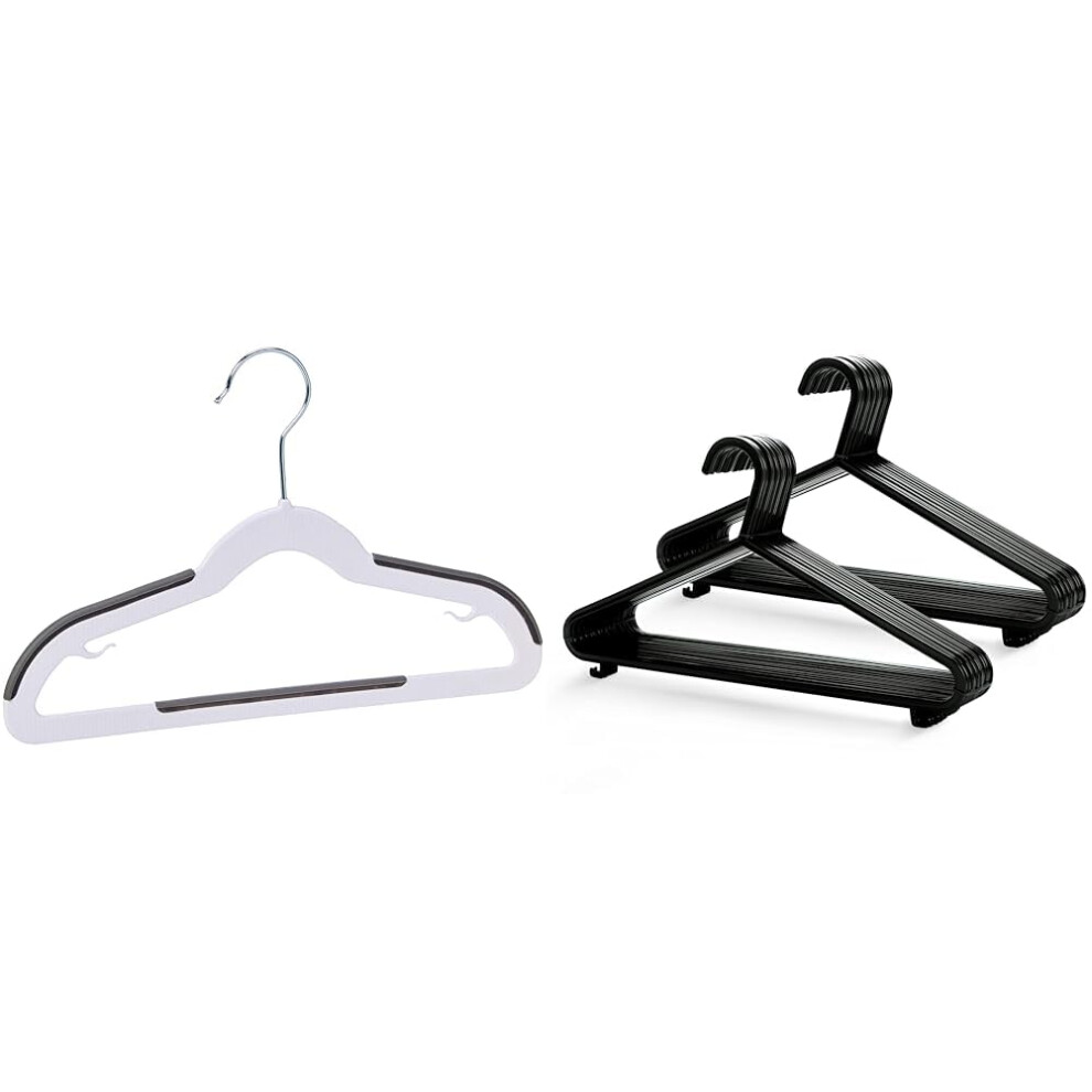 Amazon Basics Plastic Kids Hangers, 30-Pack, White & KEPLIN Adult Plastic Coat Hangers - 25pk, Black Colour, Strong Clothes Hangers for Clothes Rail