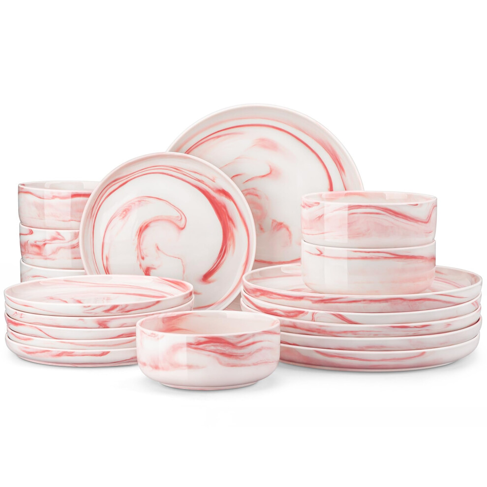 MALACASA 18 Piece Porcelain Dinner Sets for 6 People, Marble Pink Plates and Bowls Sets Chip Resistant Dinnerware Modern Round Dinner Service Set, Di