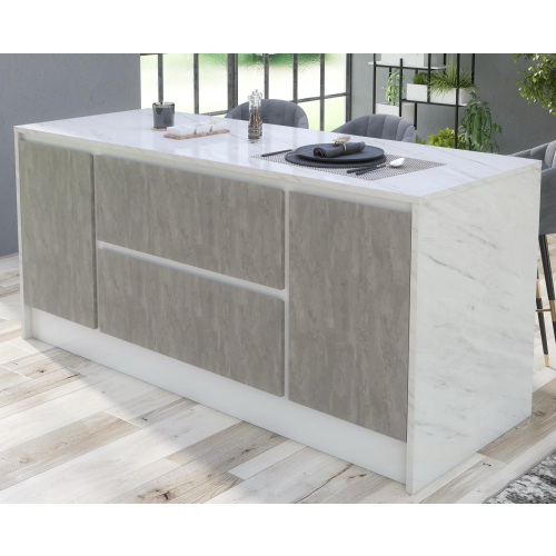 Kitchen Island Modern Breakfast Bar Cupboard White Marble Grey Stone Effect KI06 1