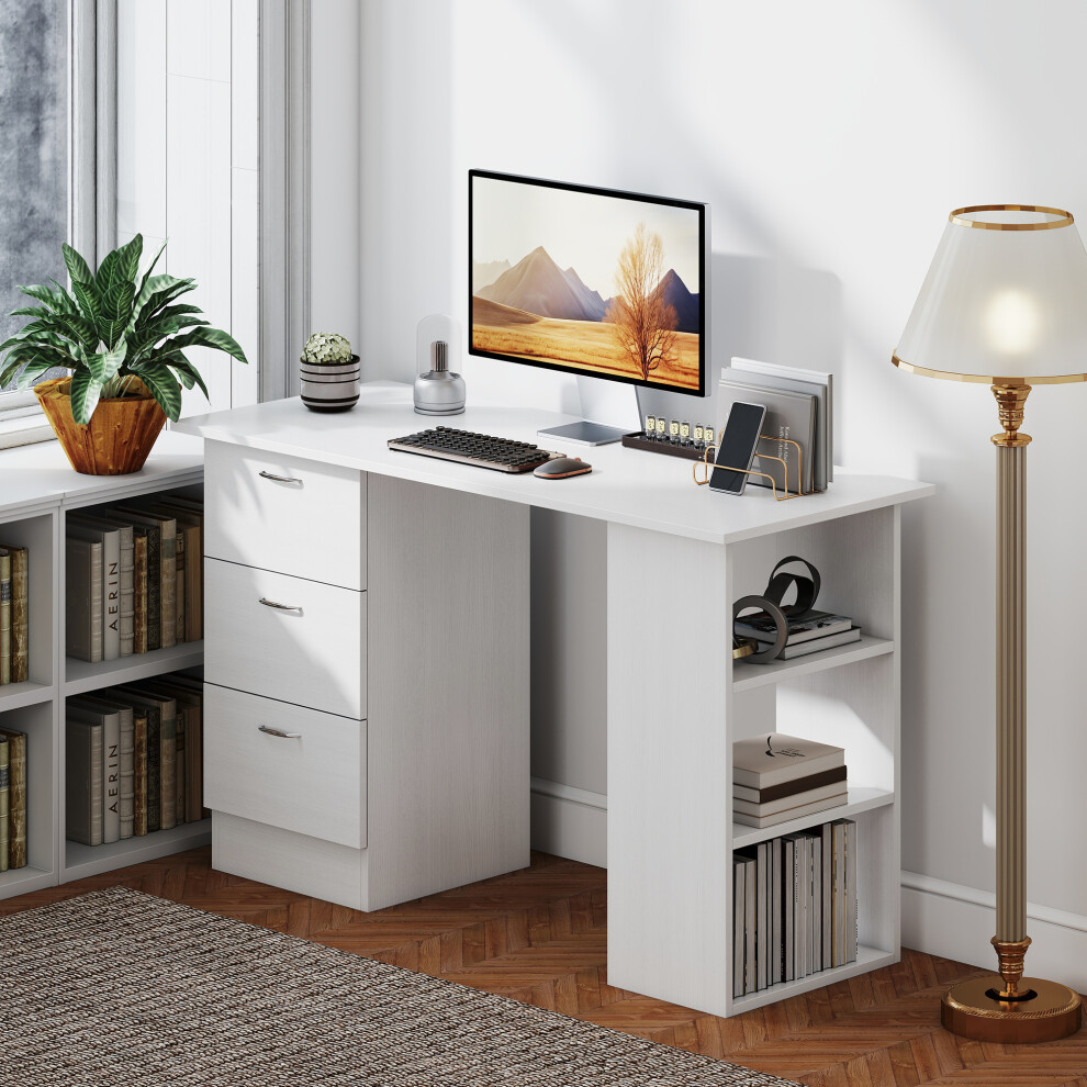HOMCOM 120cm Computer Desk PC Table Workstation w/ 3 Shelf & Drawers White