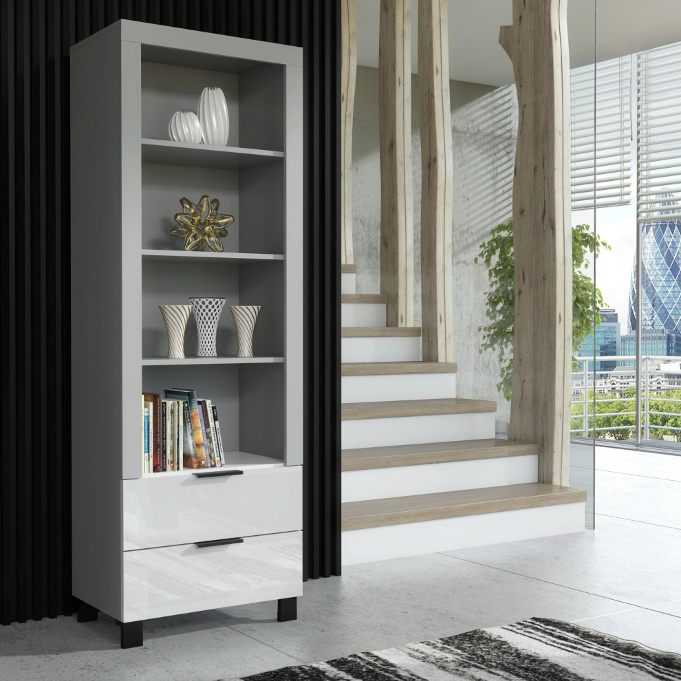 (No LED Lights ) Furneo Display Cabinet Grey White High Gloss Matt Modern Storage Cupboard White LED Lights Enzo 18
