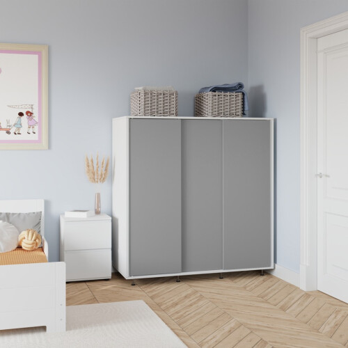 URBN Living (White with Grey Doors) 120cm 3 Sliding Doors Kids Wardrobe Storage Closet