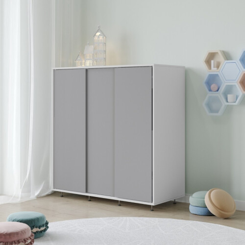 URBN Living (White with Grey Doors) 120cm 3 Sliding Doors Kids Wardrobe Storage Closet 2