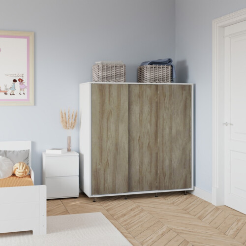 URBN Living (White with Oak Doors) 120cm 3 Sliding Doors Kids Wardrobe Storage Closet