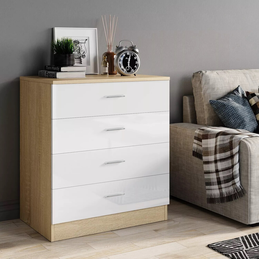 Oak/White High Gloss 4 Drawer Chest