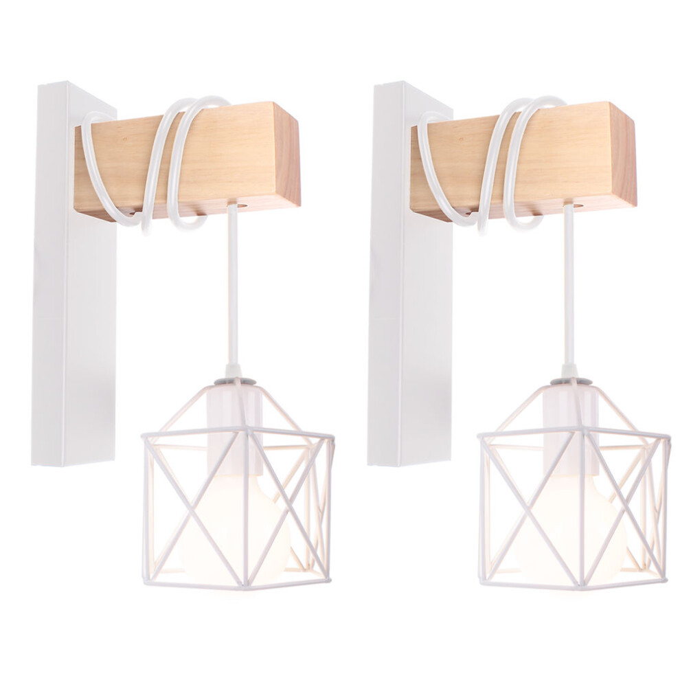 2PCS Applique Murale Rétro en Bois Lampe Murale Cage Carrée Applique Murale D'Intérieur Moderne Pour Chevet Loft Escalier Blanc