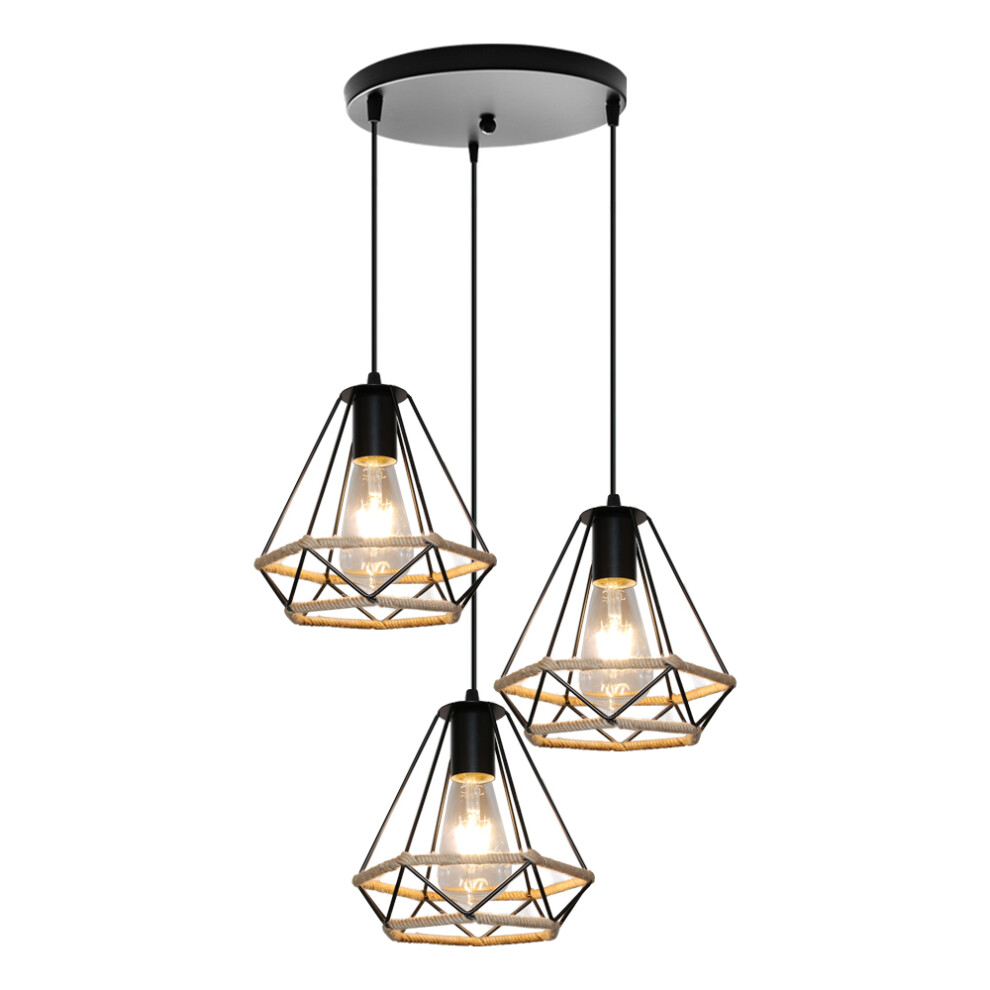 Lustre Rétro en Diamant Noir, Lampe À Suspension en Corde de Chanvre 20CM Plafonnier D'Intérieur À 3 Lumières Pour Chambre À Coucher Loft