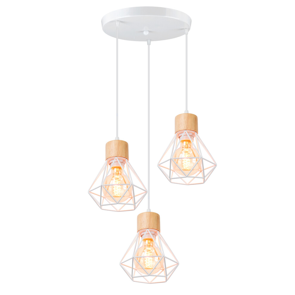 Retro Pendant Light Vintage Pendant Light White 3 Lights Pendant Lamp Modern Indoor Pendant Light Metal Wood Hanging Light