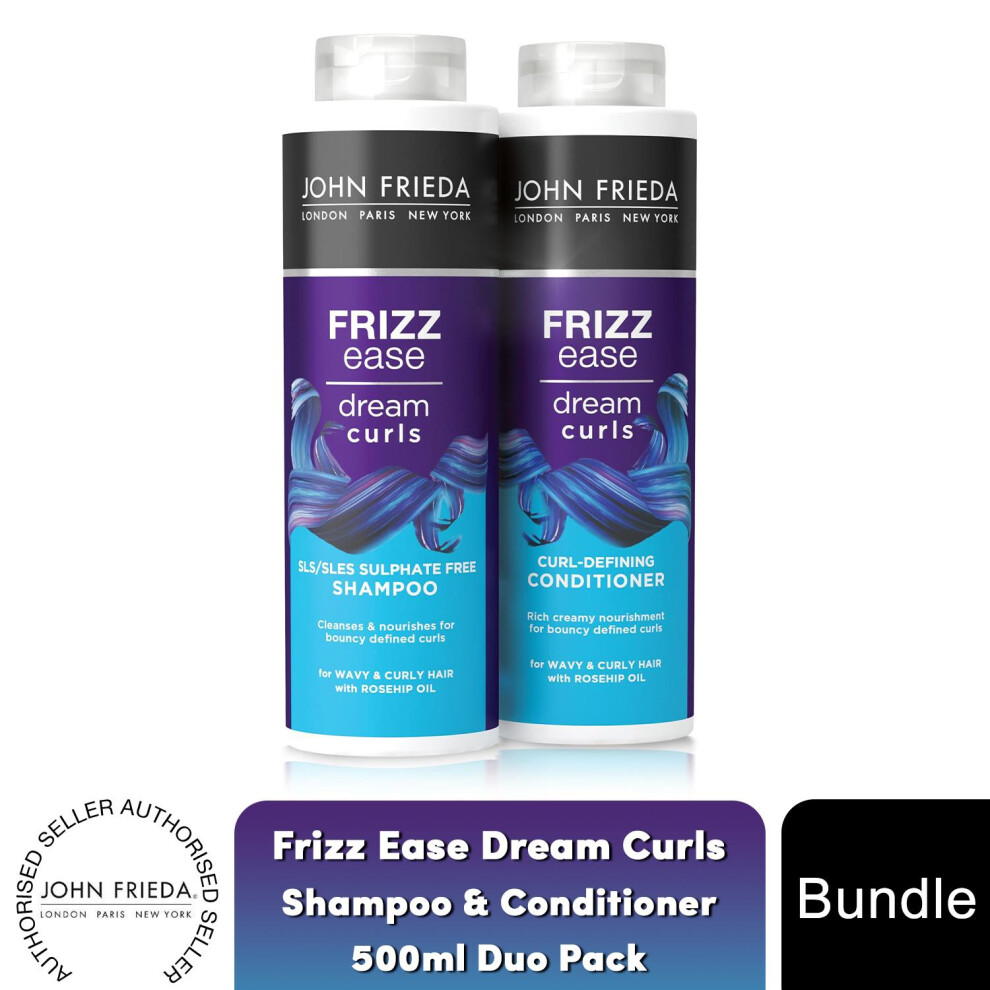 John Frieda Dream Curls Nourishing + Defining Curl Shampoo + Conditioner Set 2 x 500ml For Wavy + Curly Hair SLS / SLES + Sulphate Free with Rosehip O