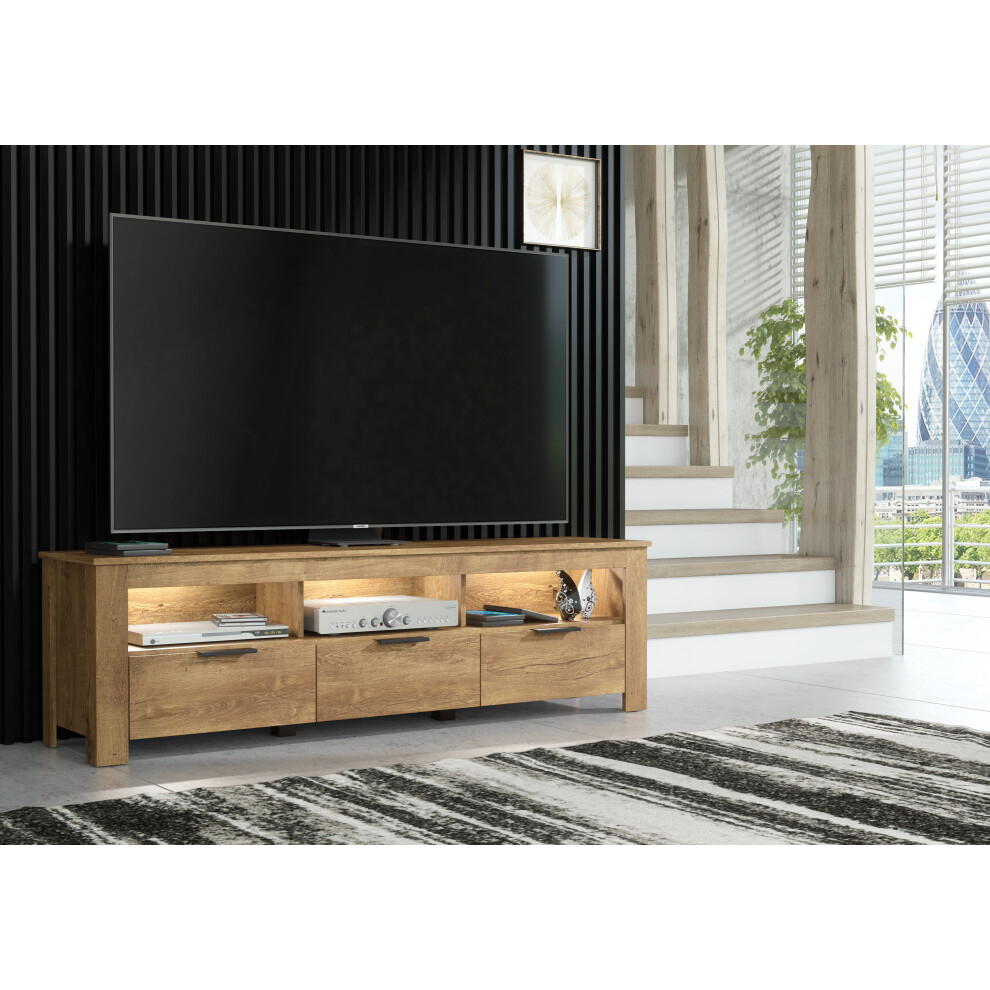 Furneo TV Stand Dark Oak Effect 170cm Unit Cabinet White LED Lights Prestigio 02
