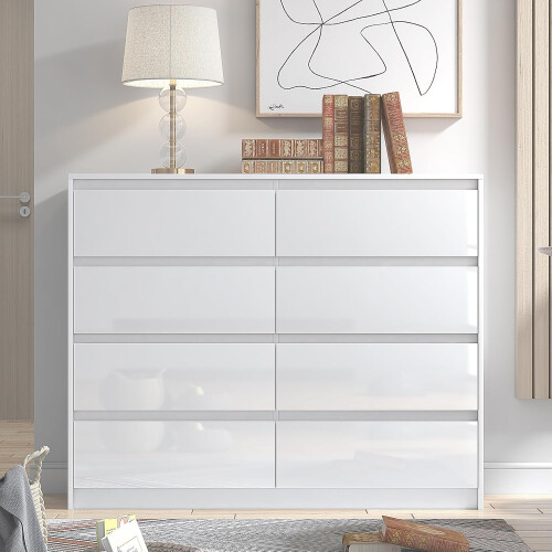 White 8 Drawer Handleless Sleek High Gloss Chest Sideboard Cabinet