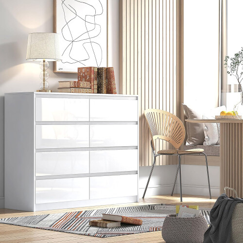 White 8 Drawer Handleless Sleek High Gloss Chest Sideboard Cabinet 1