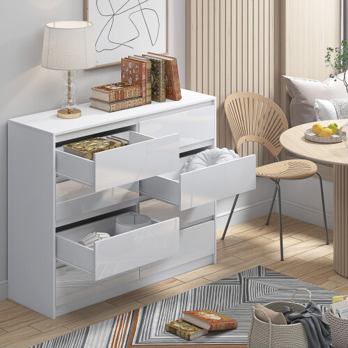 White 8 Drawer Handleless Sleek High Gloss Chest Sideboard Cabinet 2