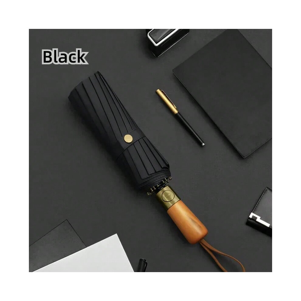 (Black, Iron) Automatic Folding Umbrella Extra Large Folded Umbrella Wooden Handle  Durable and Large-sized Sun-protective Automatic Umbrella