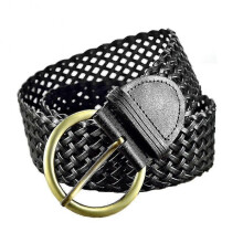 (black) 2 Inch Wide Leather Braided Belt For Women Hand Made Soft Woven Waistbands With Gold Round Pin Buckle