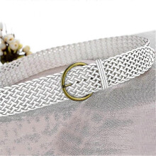 (white) 2 Inch Wide Leather Braided Belt For Women Hand Made Soft Woven Waistbands With Gold Round Pin Buckle