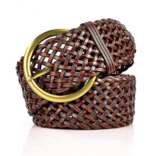 (light coffee) 2 Inch Wide Leather Braided Belt For Women Hand Made Soft Woven Waistbands With Gold Round Pin Buckle