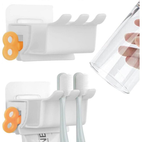 2 Pack Wall Mount Toothbrush Holder Toothpaste Dispenser, Plastic Wall Mount Toothbrush Hanger Compatible (White)