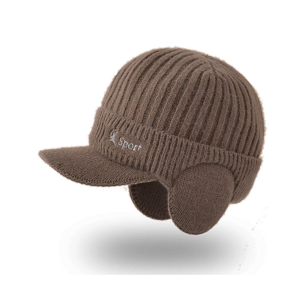 (Khaki)Casquette tricotée chaude homme broderie lettre avec protection oreille et doublure peluche