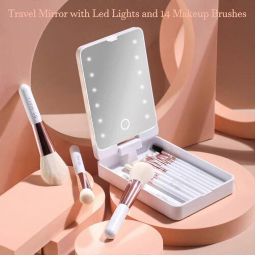 (Black) Travel Makeup Brush Set With LED Light Mirror 2