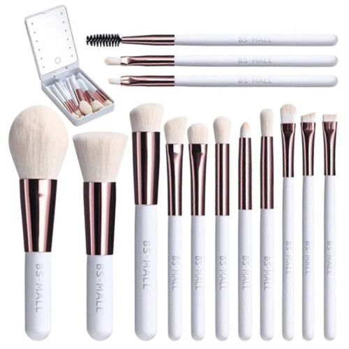 (White) Travel Makeup Brush Set With LED Light Mirror